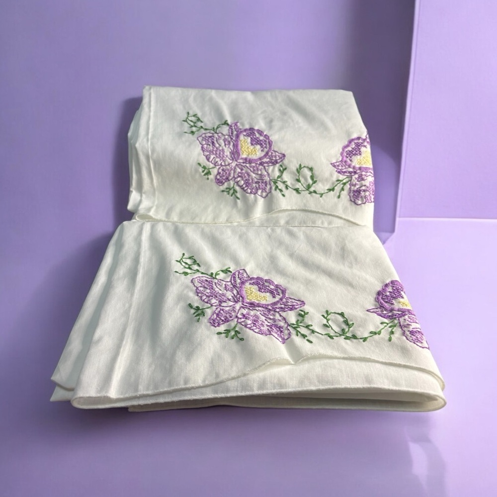 Set 2 Vintage Hand Stitched Pillow Cases- Cross Stitch Needlepoint Purple Irises